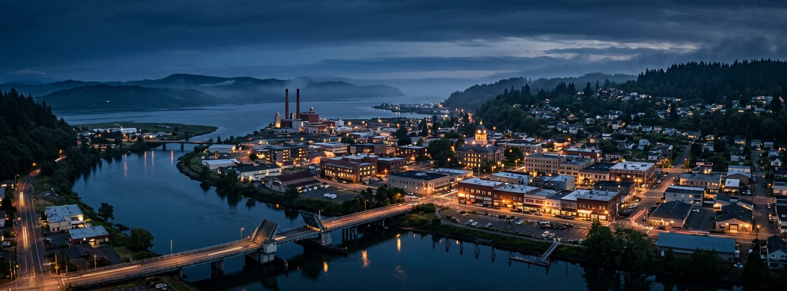 Aerial view of the Aberdeen, Washington skyline at dusk, illustrating the metro area TactStack serves trade and service businesses in