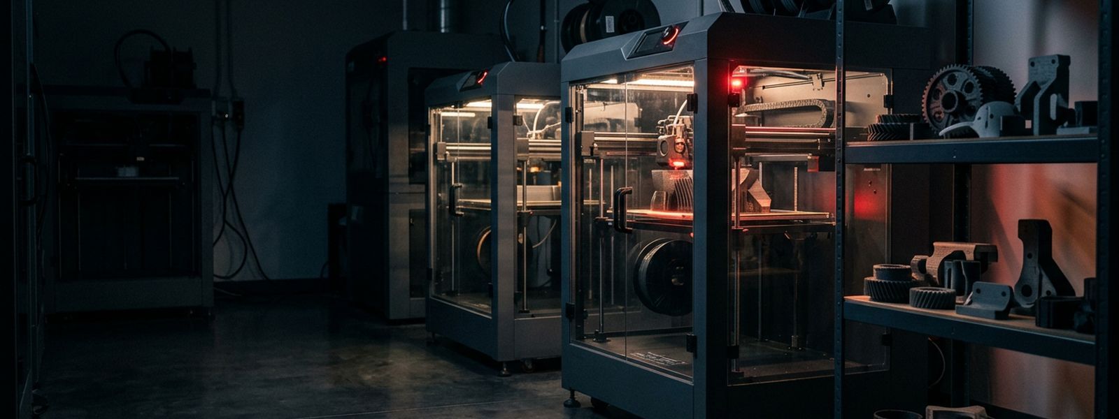 Industrial 3D printers running overnight with finished parts racked beside them