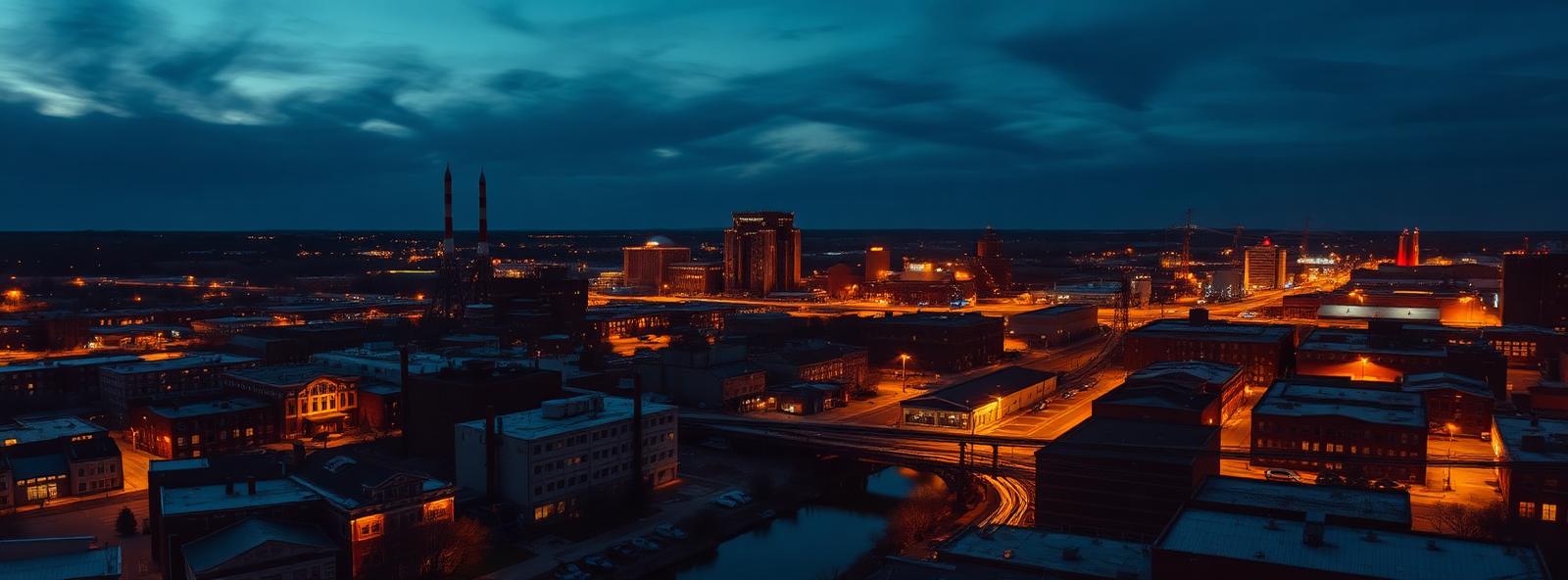 Aerial view of the Akron, Ohio skyline at dusk, illustrating the metro area TactStack serves trade and service businesses in