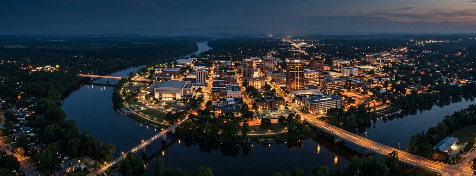 Aerial view of the Albany, Georgia skyline at dusk, illustrating the metro area TactStack serves trade and service businesses in