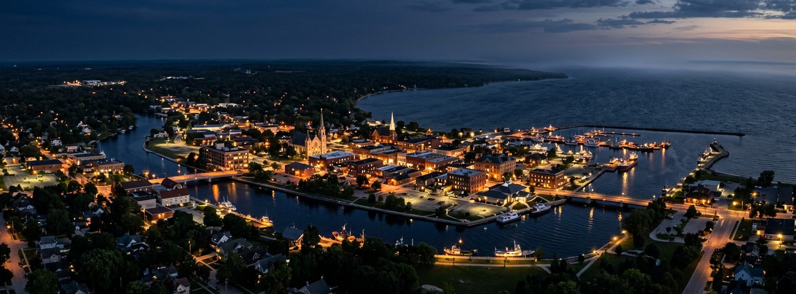 Aerial view of the Alpena, Michigan skyline at dusk, illustrating the metro area TactStack serves trade and service businesses in