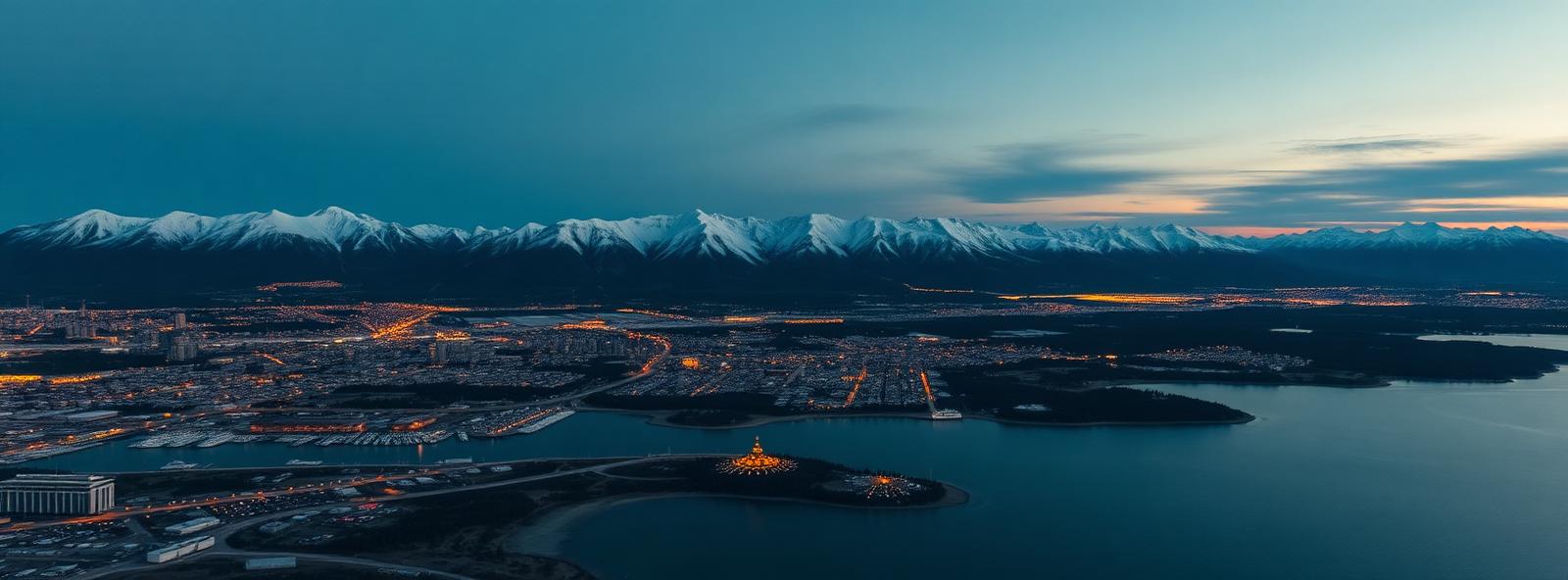 Aerial view of the Anchorage, Alaska skyline at dusk, illustrating the metro area TactStack serves trade and service businesses in