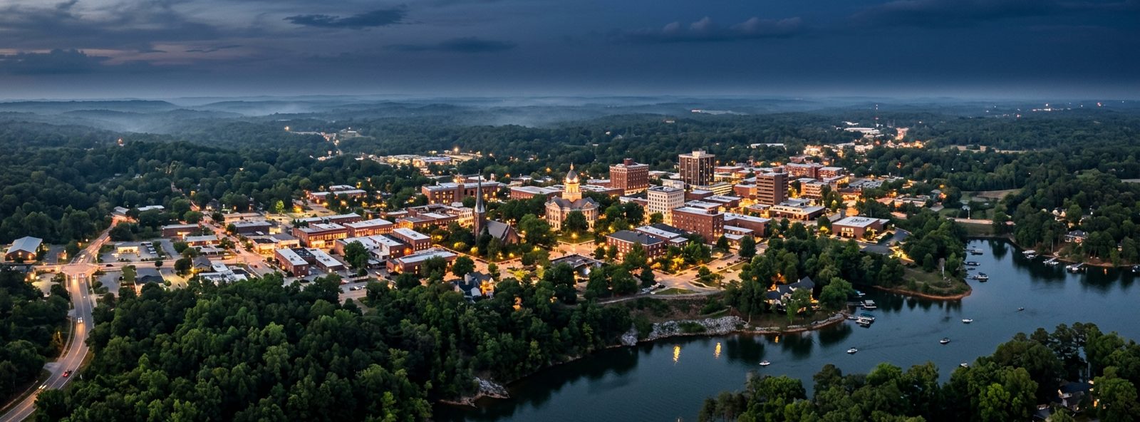 Aerial view of the Anderson, South Carolina skyline at dusk, illustrating the metro area TactStack serves trade and service businesses in