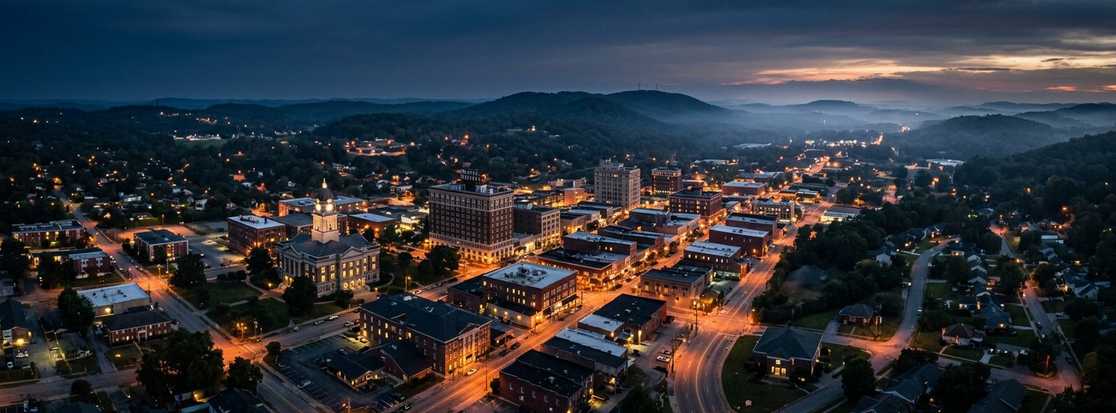 Aerial view of the Anniston, Alabama skyline at dusk, illustrating the metro area TactStack serves trade and service businesses in