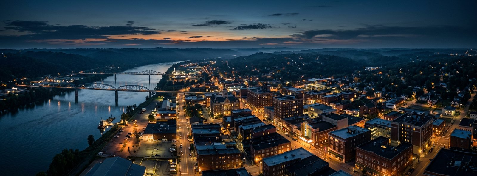 Aerial view of the Ashland, Kentucky skyline at dusk, illustrating the metro area TactStack serves trade and service businesses in