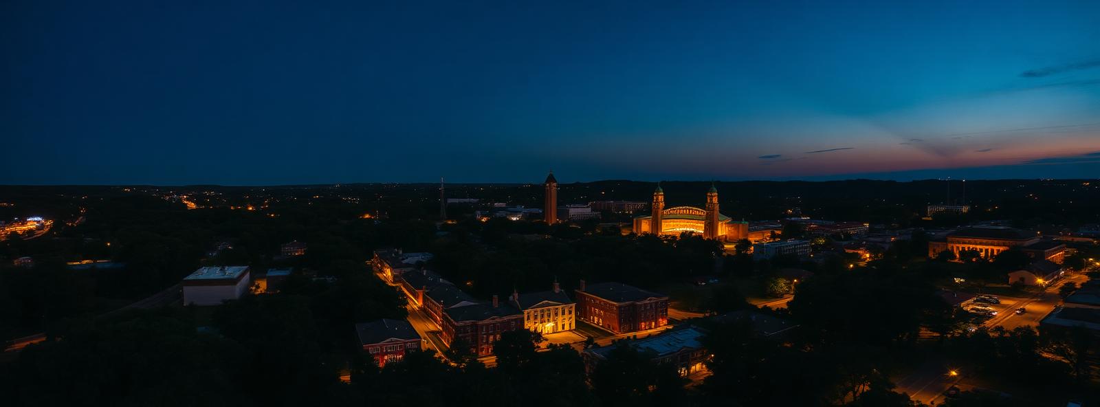 Aerial view of the Athens, Georgia skyline at dusk, illustrating the metro area TactStack serves trade and service businesses in