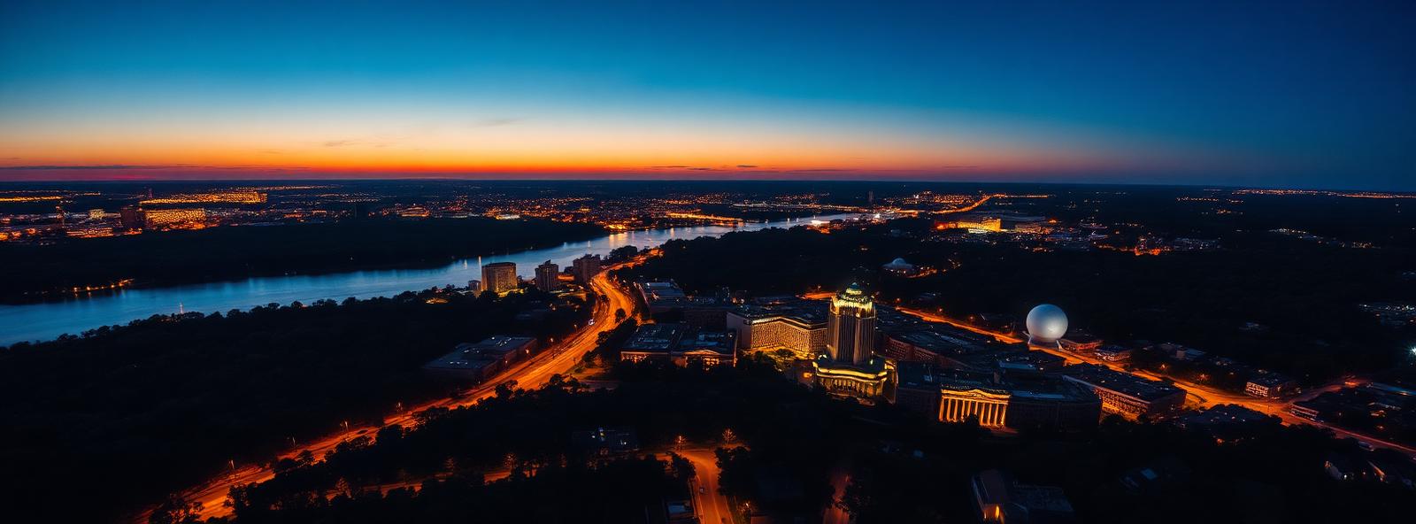 Aerial view of the Augusta, Georgia skyline at dusk, illustrating the metro area TactStack serves trade and service businesses in