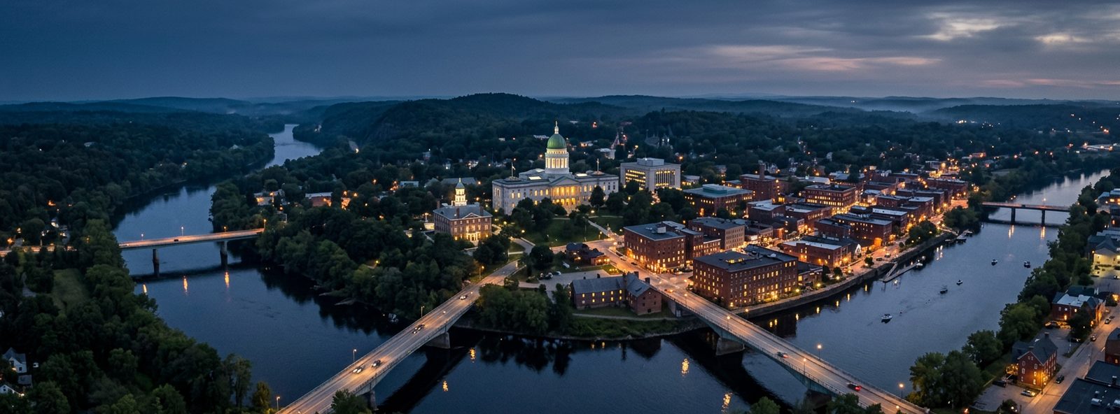 Aerial view of the Augusta, Maine skyline at dusk, illustrating the metro area TactStack serves trade and service businesses in