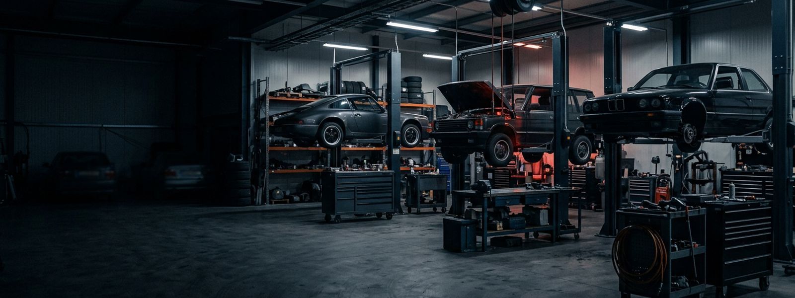 A multi-bay repair shop with vehicles on lifts and rolling tool chests staged between the bays