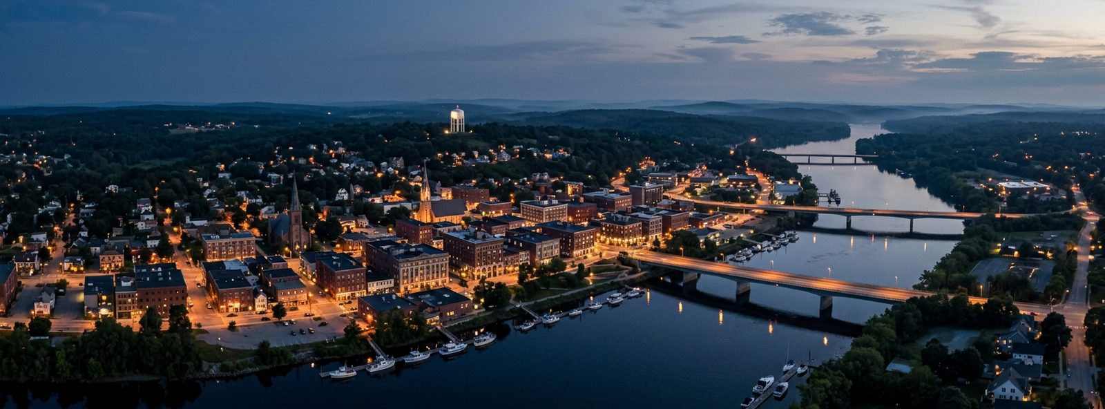Aerial view of the Bangor, Maine skyline at dusk, illustrating the metro area TactStack serves trade and service businesses in