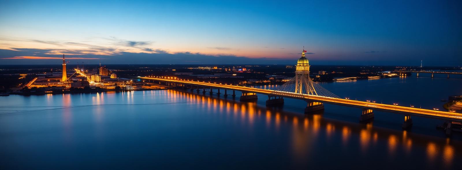 Aerial view of the Baton Rouge, Louisiana skyline at dusk, illustrating the metro area TactStack serves trade and service businesses in