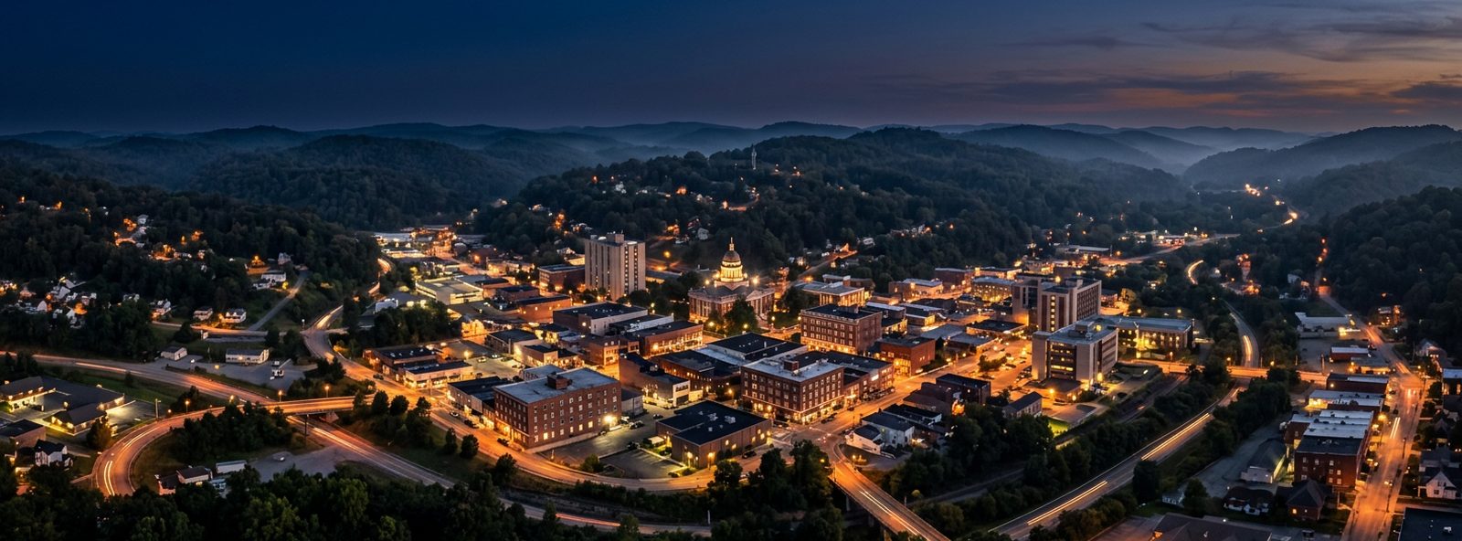 Aerial view of the Beckley, West Virginia skyline at dusk, illustrating the metro area TactStack serves trade and service businesses in