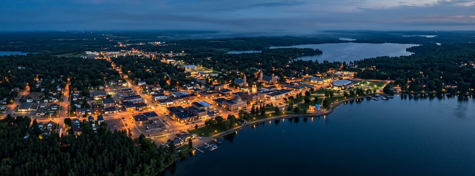 Aerial view of the Bemidji, Minnesota skyline at dusk, illustrating the metro area TactStack serves trade and service businesses in