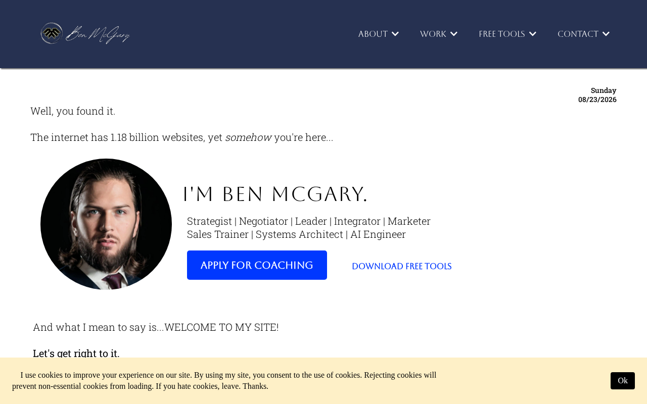 Ben McGary personal site homepage with credentials and coaching application call to action