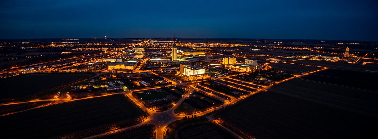 Aerial view of the Bloomington, Illinois skyline at dusk, illustrating the metro area TactStack serves trade and service businesses in
