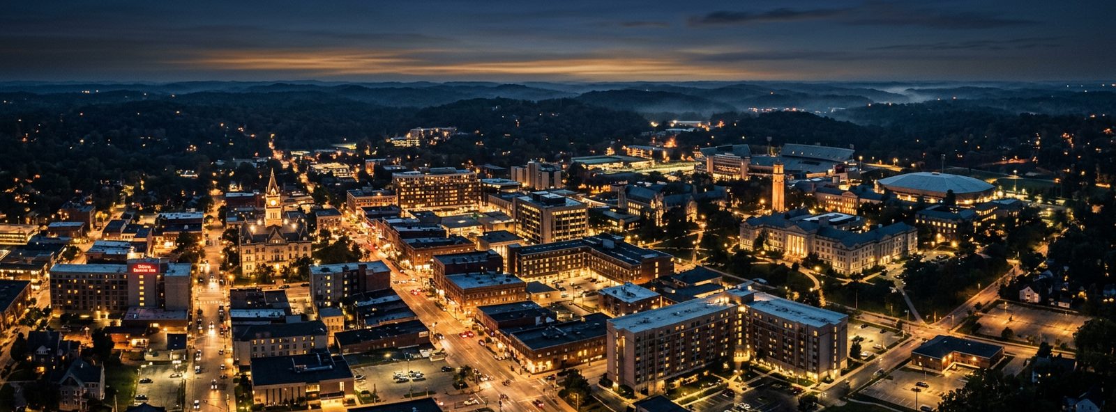 Aerial view of the Bloomington, Indiana skyline at dusk, illustrating the metro area TactStack serves trade and service businesses in