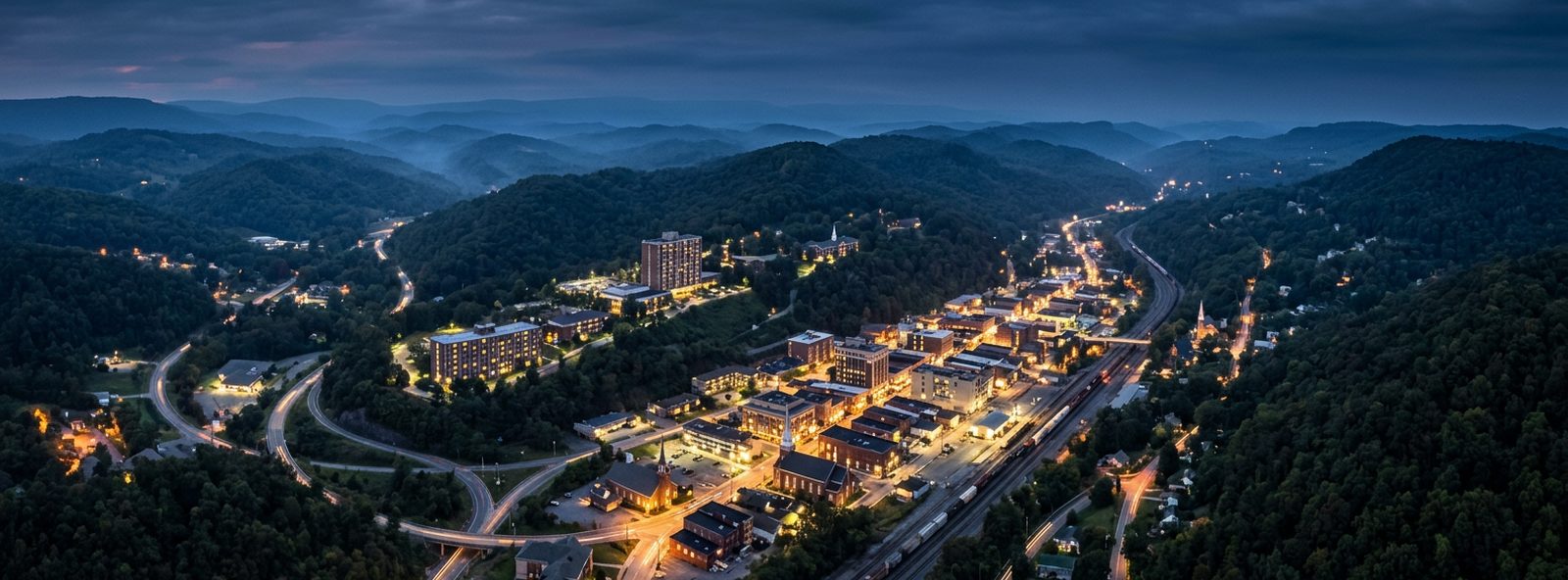 Aerial view of the Bluefield, West Virginia skyline at dusk, illustrating the metro area TactStack serves trade and service businesses in