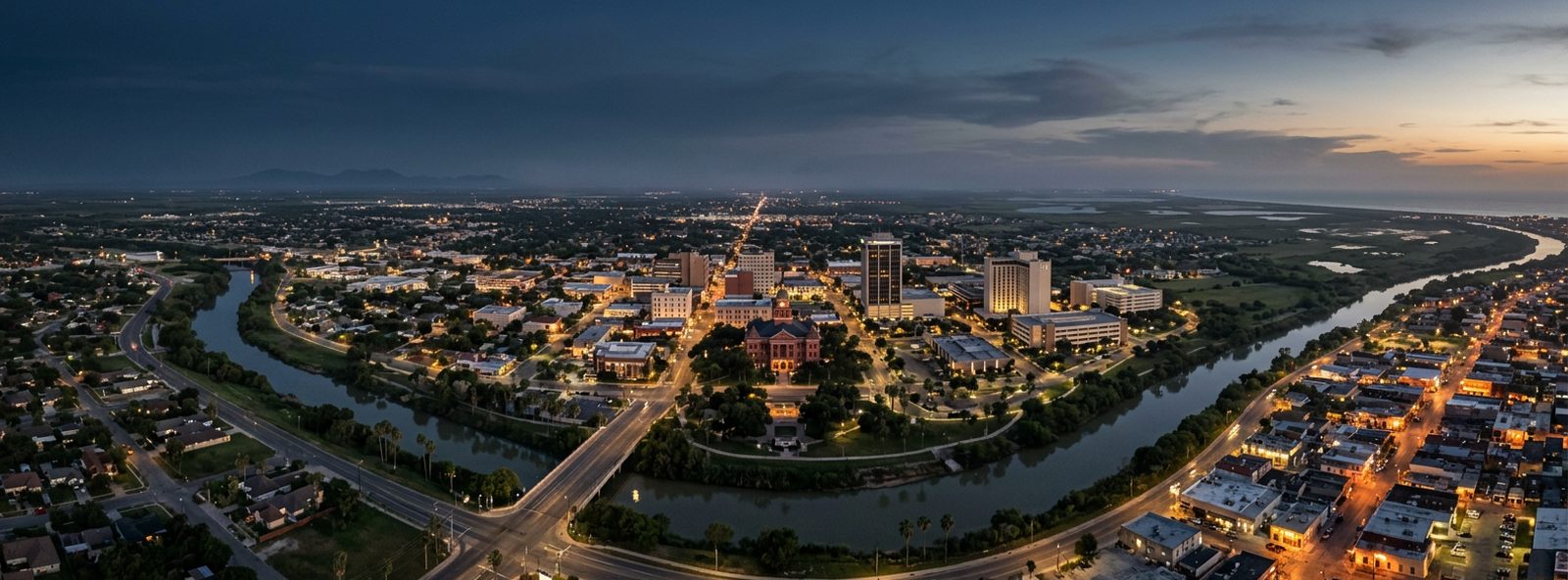 Aerial view of the Brownsville, Texas skyline at dusk, illustrating the metro area TactStack serves trade and service businesses in