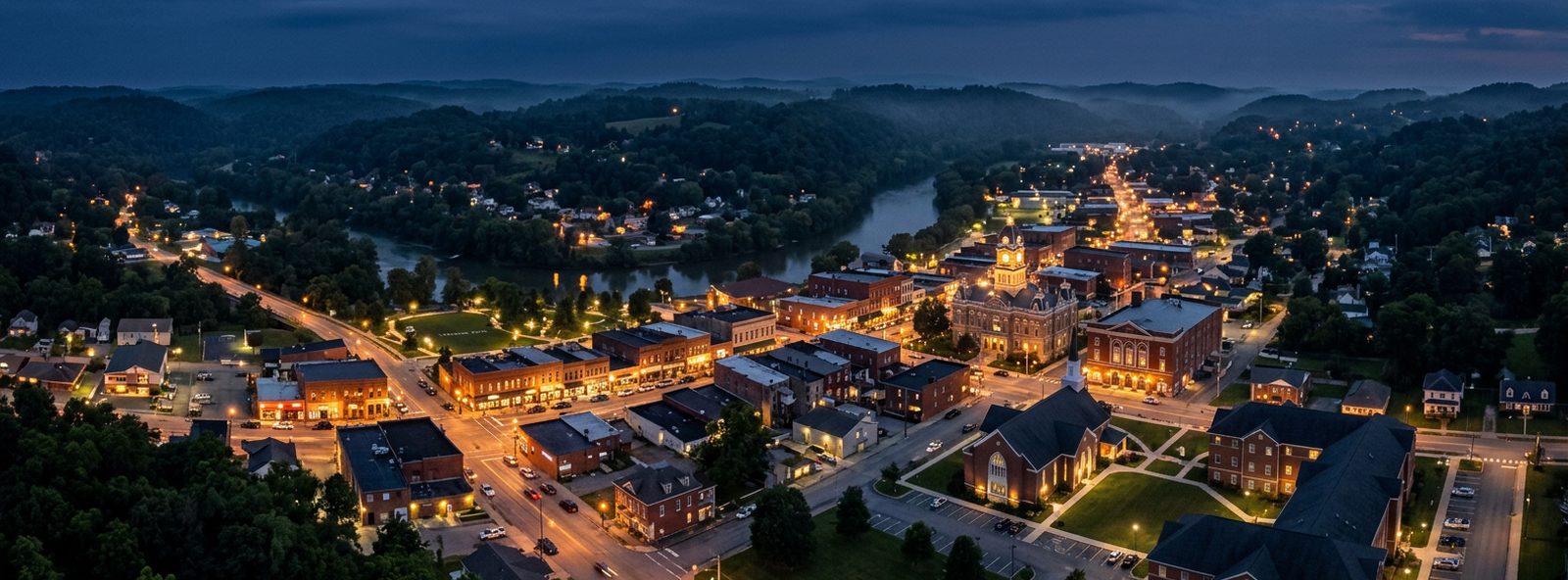 Aerial view of the Buckhannon, West Virginia skyline at dusk, illustrating the metro area TactStack serves trade and service businesses in