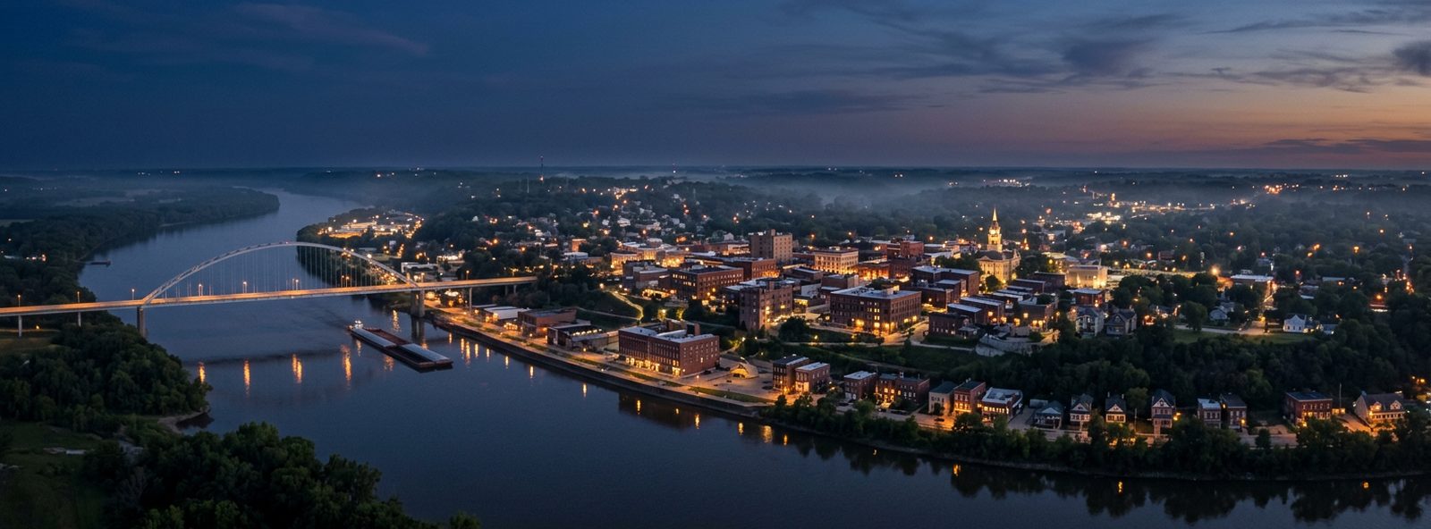Aerial view of the Burlington, Iowa skyline at dusk, illustrating the metro area TactStack serves trade and service businesses in