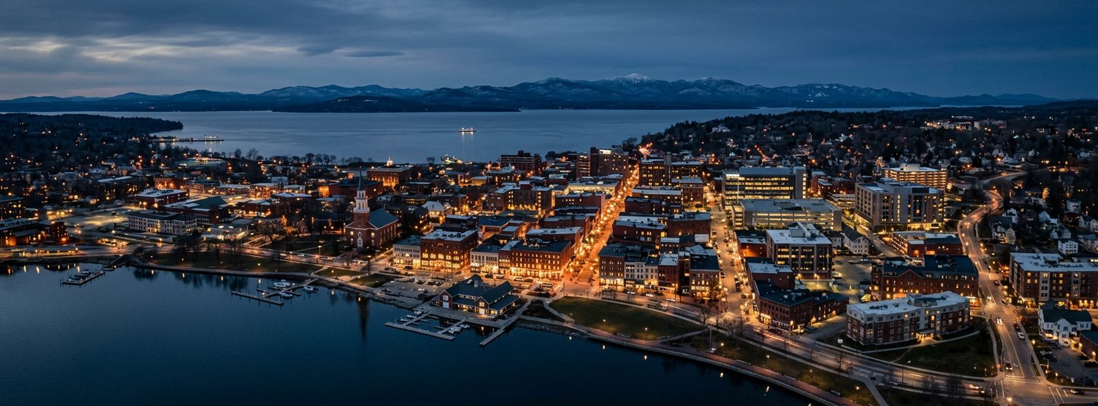 Aerial view of the Burlington, Vermont skyline at dusk, illustrating the metro area TactStack serves trade and service businesses in