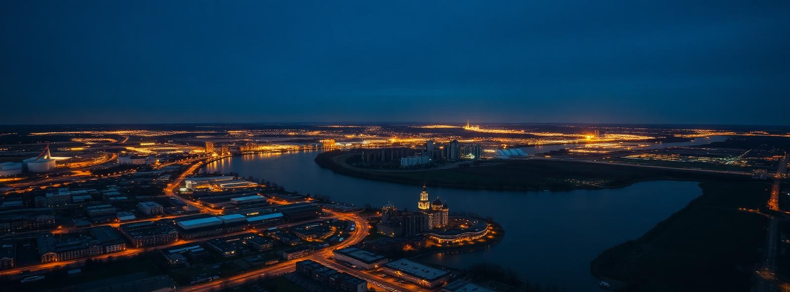 Aerial view of the Cedar Rapids, Iowa skyline at dusk, illustrating the metro area TactStack serves trade and service businesses in