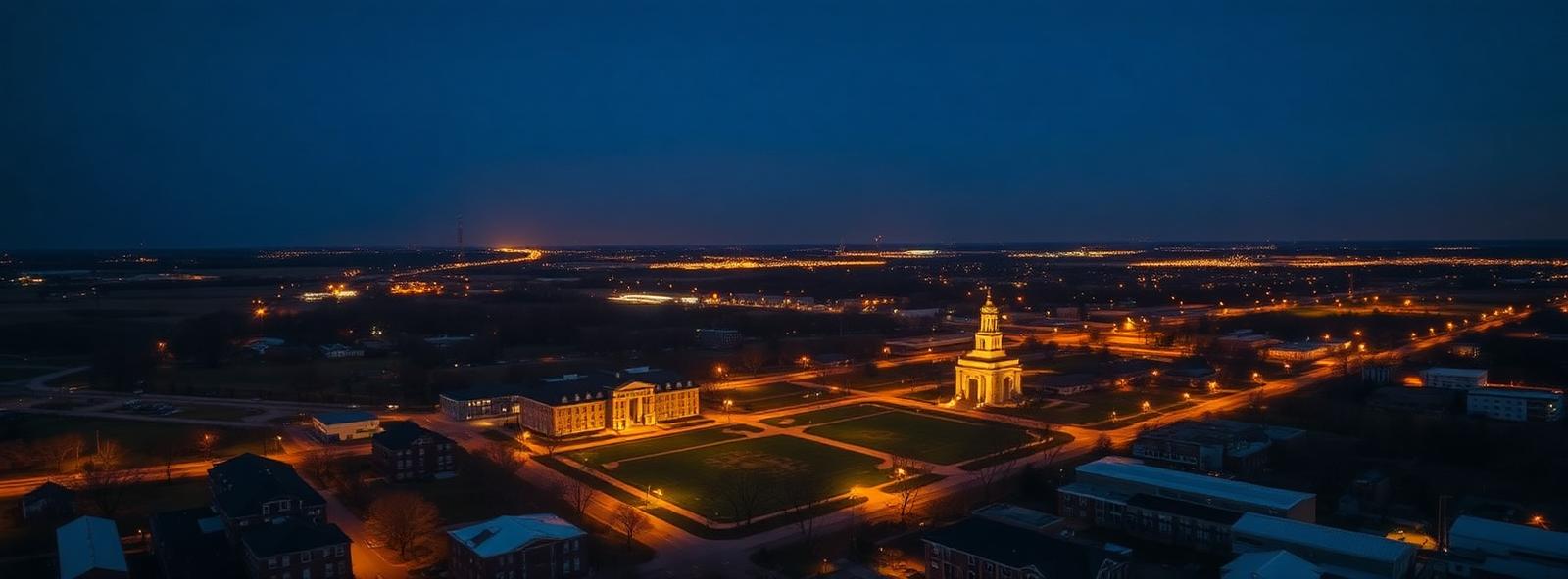 Aerial view of the Champaign, Illinois skyline at dusk, illustrating the metro area TactStack serves trade and service businesses in