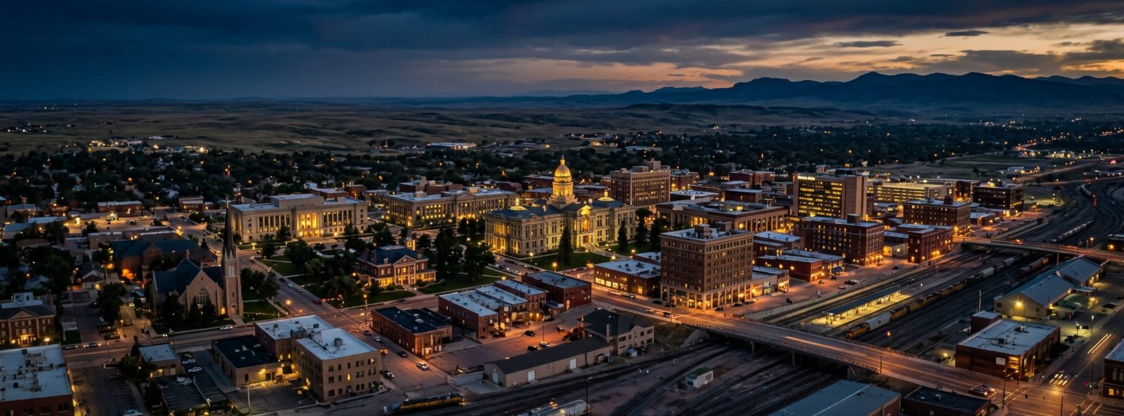 Aerial view of the Cheyenne, Wyoming skyline at dusk, illustrating the metro area TactStack serves trade and service businesses in