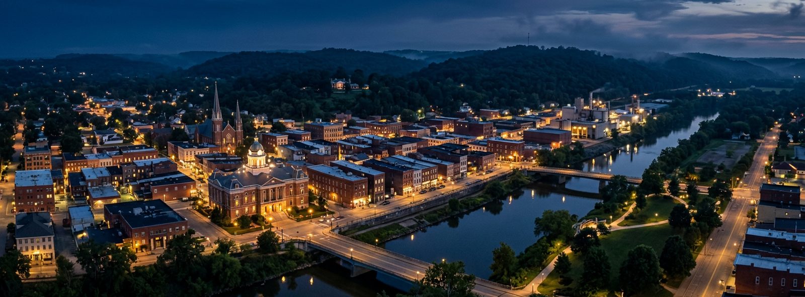 Aerial view of the Chillicothe, Ohio skyline at dusk, illustrating the metro area TactStack serves trade and service businesses in