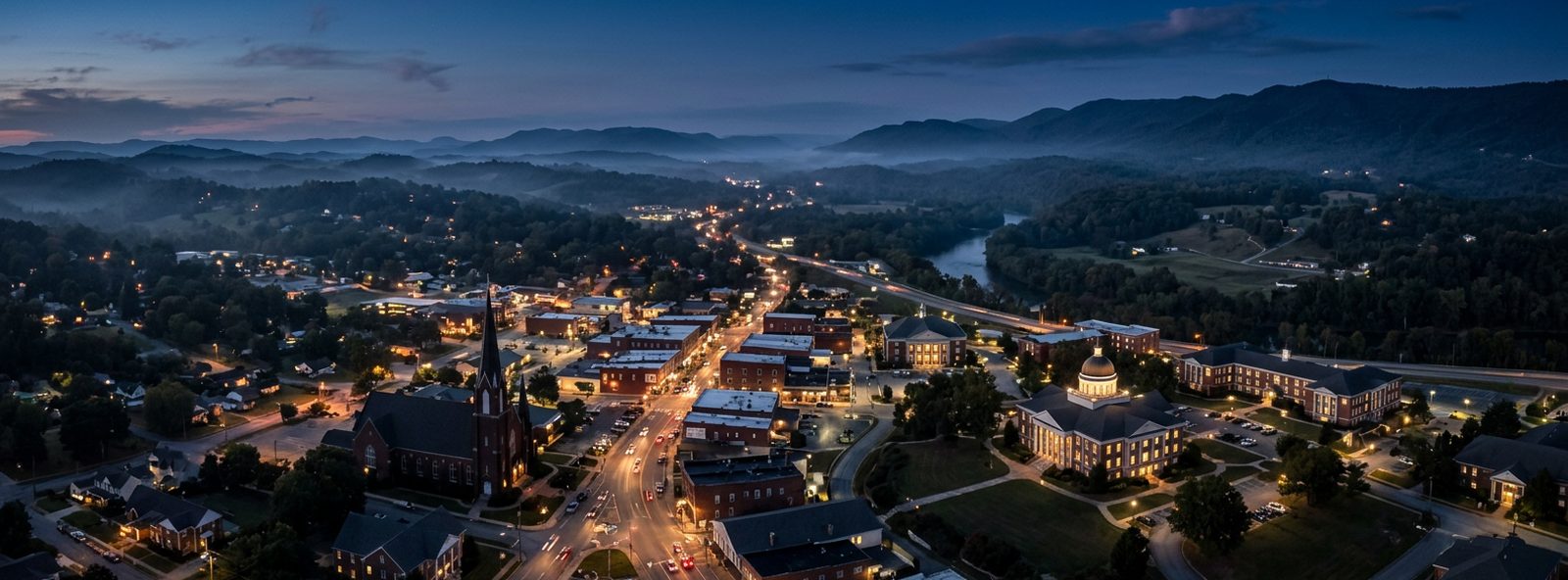 Aerial view of the Cleveland, Tennessee skyline at dusk, illustrating the metro area TactStack serves trade and service businesses in