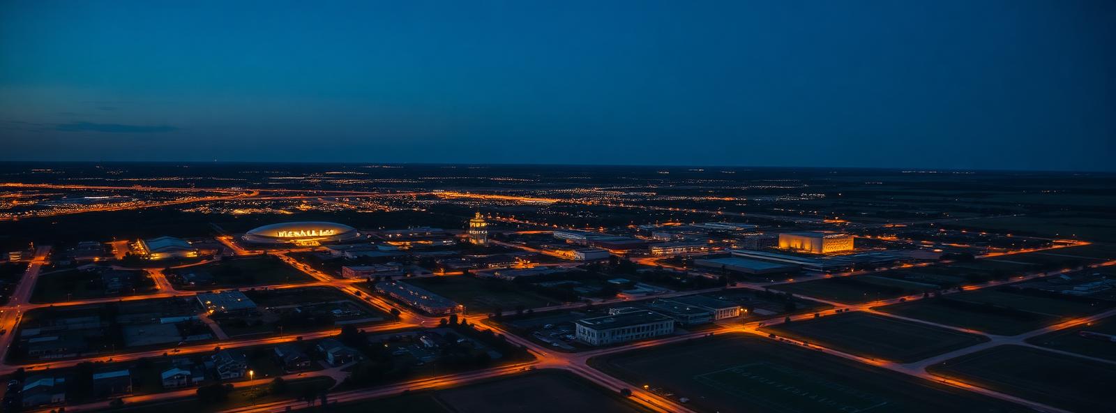 Aerial view of the College Station, Texas skyline at dusk, illustrating the metro area TactStack serves trade and service businesses in