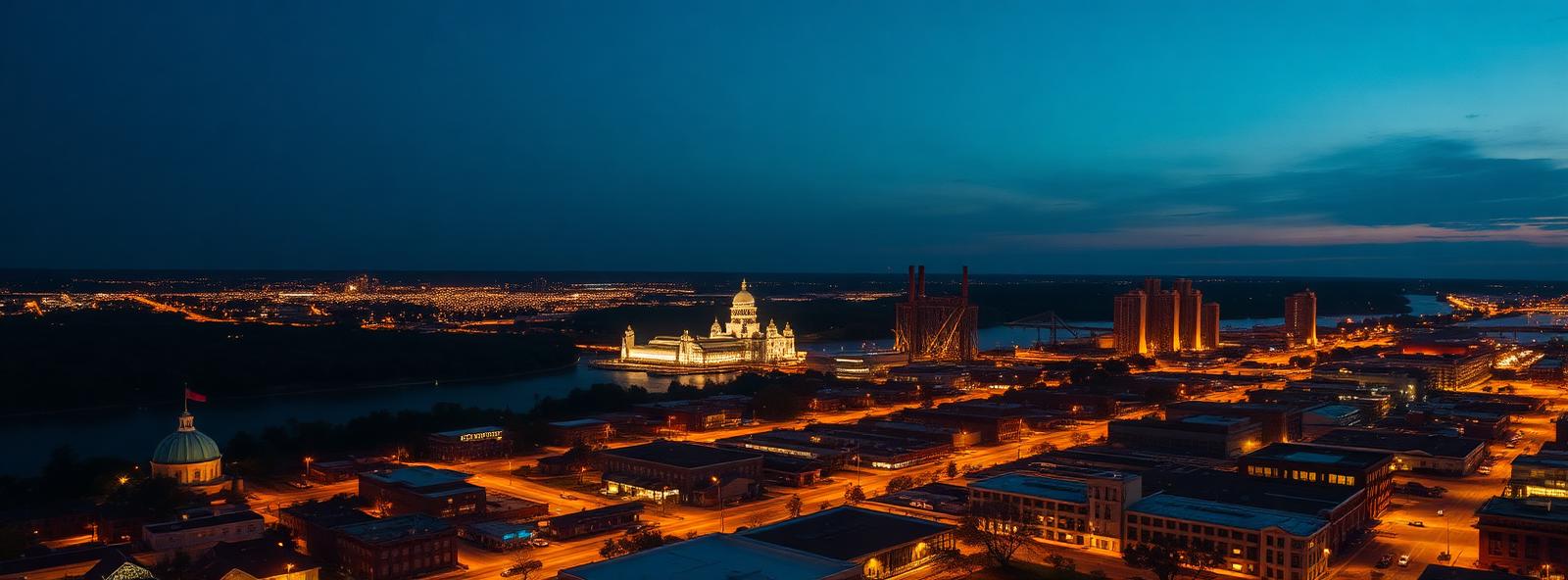 Aerial view of the Columbus, Georgia skyline at dusk, illustrating the metro area TactStack serves trade and service businesses in