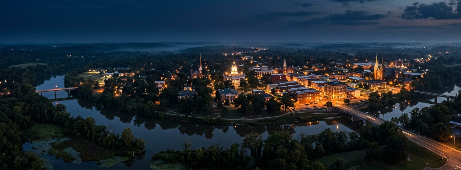 Aerial view of the Columbus, Mississippi skyline at dusk, illustrating the metro area TactStack serves trade and service businesses in