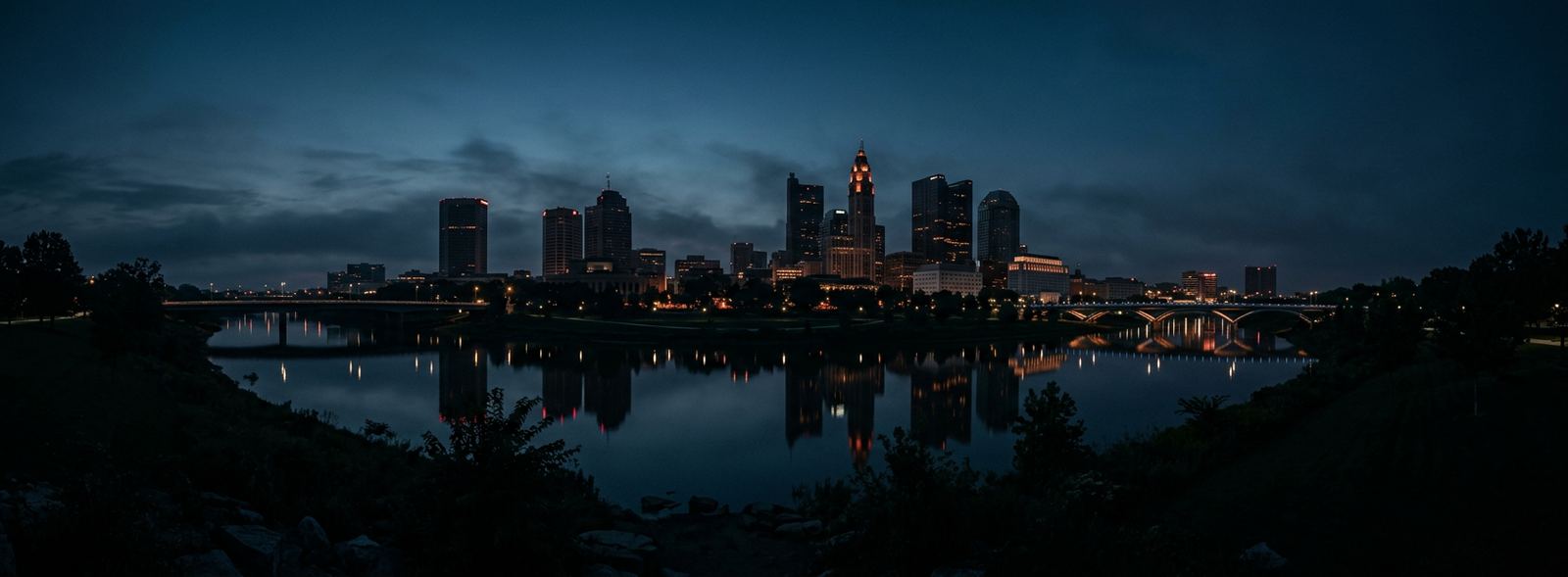 Aerial view of the Columbus, Ohio skyline at dusk, illustrating the metro area TactStack serves trade and service businesses in