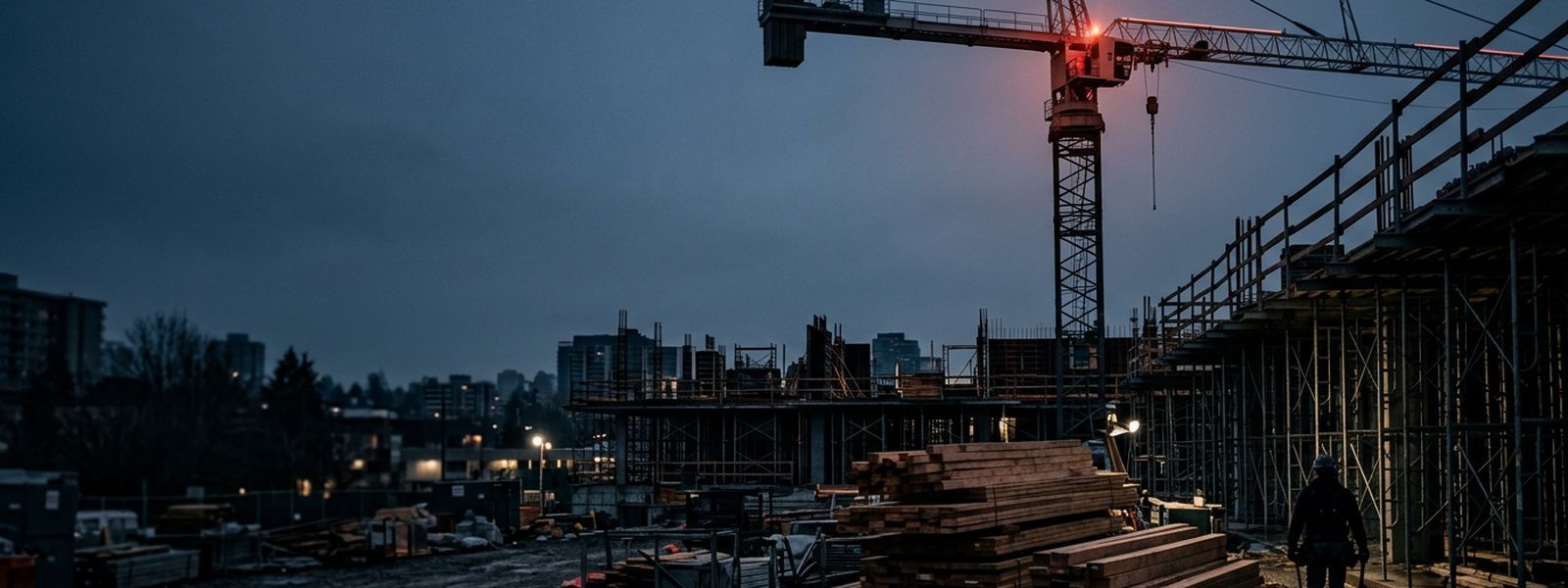 A construction site at dusk, scaffolding wrapped around a rising structure and framing lumber staged below