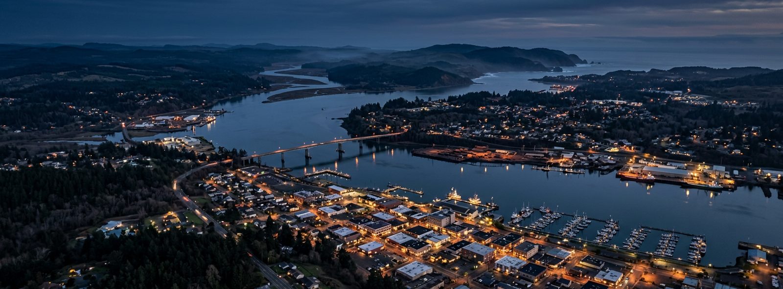 Aerial view of the Coos Bay, Oregon skyline at dusk, illustrating the metro area TactStack serves trade and service businesses in