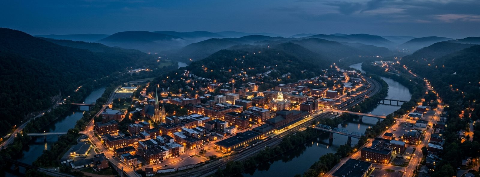 Aerial view of the Cumberland, Maryland skyline at dusk, illustrating the metro area TactStack serves trade and service businesses in