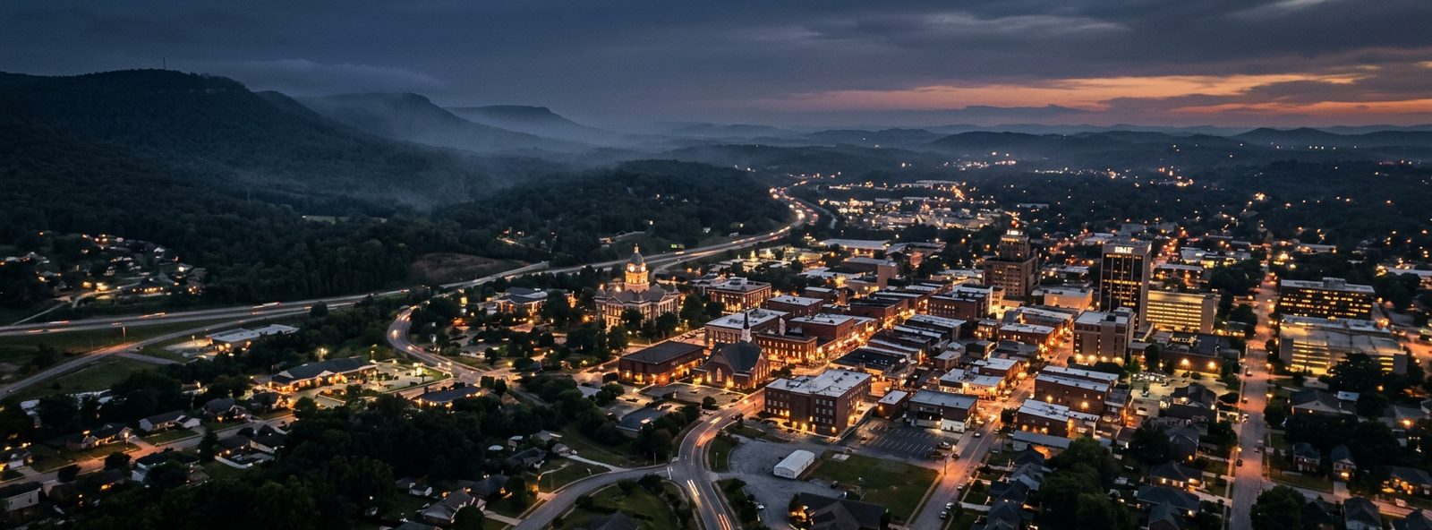 Aerial view of the Dalton, Georgia skyline at dusk, illustrating the metro area TactStack serves trade and service businesses in