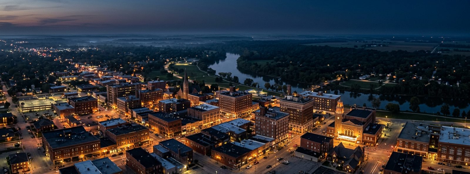 Aerial view of the Danville, Illinois skyline at dusk, illustrating the metro area TactStack serves trade and service businesses in