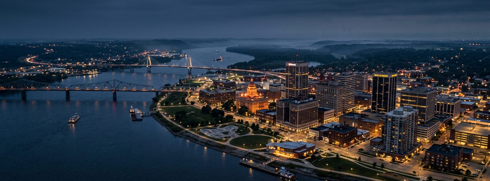 Aerial view of the Davenport, Iowa skyline at dusk, illustrating the metro area TactStack serves trade and service businesses in