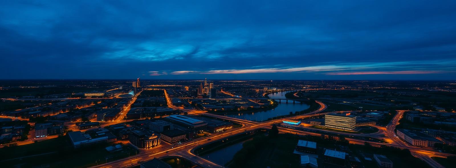 Aerial view of the Dayton, Ohio skyline at dusk, illustrating the metro area TactStack serves trade and service businesses in