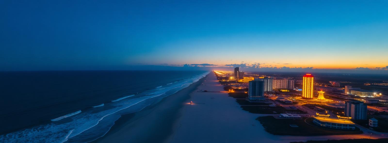 Aerial view of the Daytona Beach, Florida skyline at dusk, illustrating the metro area TactStack serves trade and service businesses in