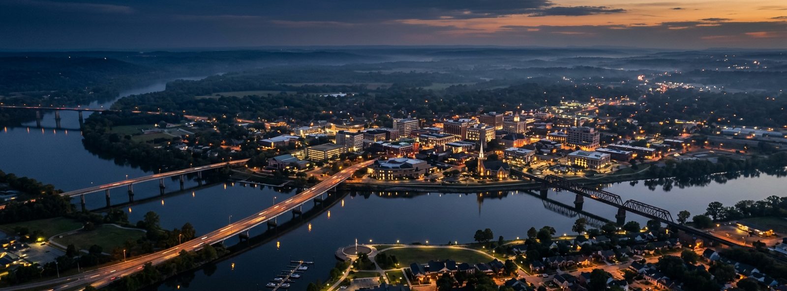 Aerial view of the Decatur, Alabama skyline at dusk, illustrating the metro area TactStack serves trade and service businesses in