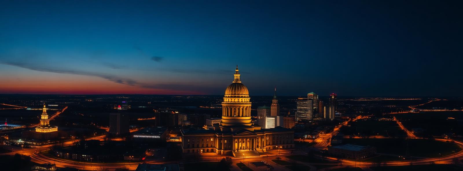 Aerial view of the Des Moines, Iowa skyline at dusk, illustrating the metro area TactStack serves trade and service businesses in