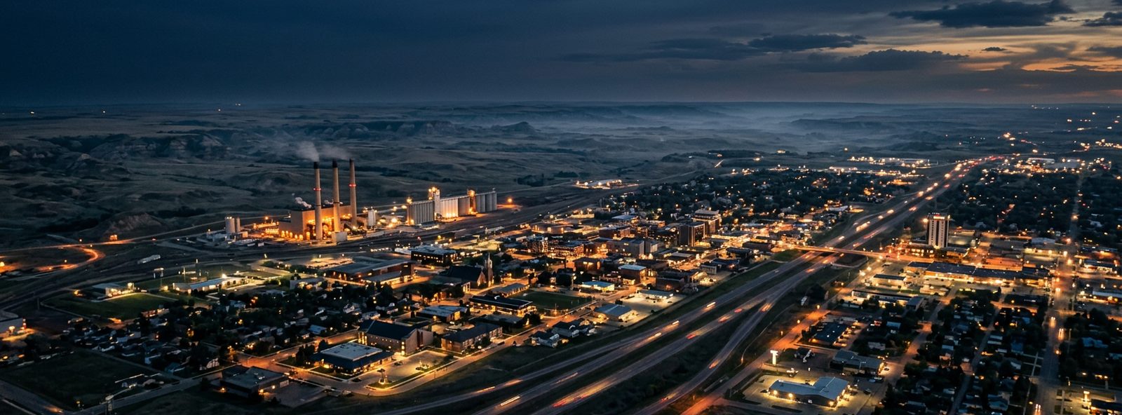 Aerial view of the Dickinson, North Dakota skyline at dusk, illustrating the metro area TactStack serves trade and service businesses in