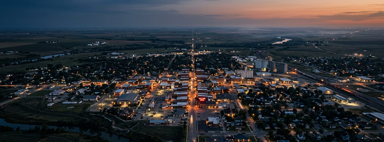 Aerial view of the Dodge City, Kansas skyline at dusk, illustrating the metro area TactStack serves trade and service businesses in