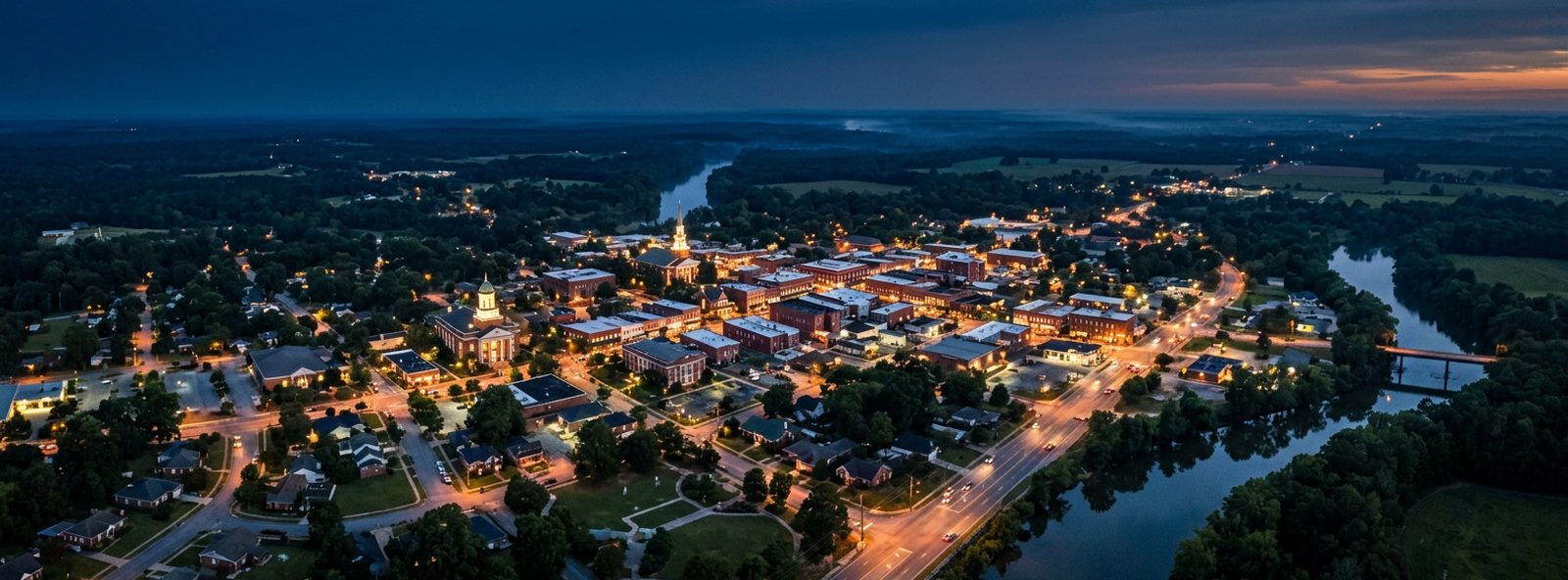 Aerial view of the Dublin, Georgia skyline at dusk, illustrating the metro area TactStack serves trade and service businesses in