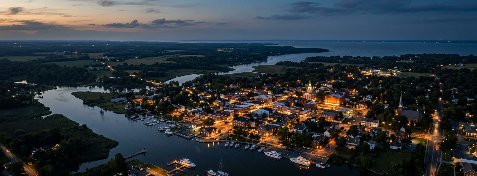 Aerial view of the Easton, Maryland skyline at dusk, illustrating the metro area TactStack serves trade and service businesses in