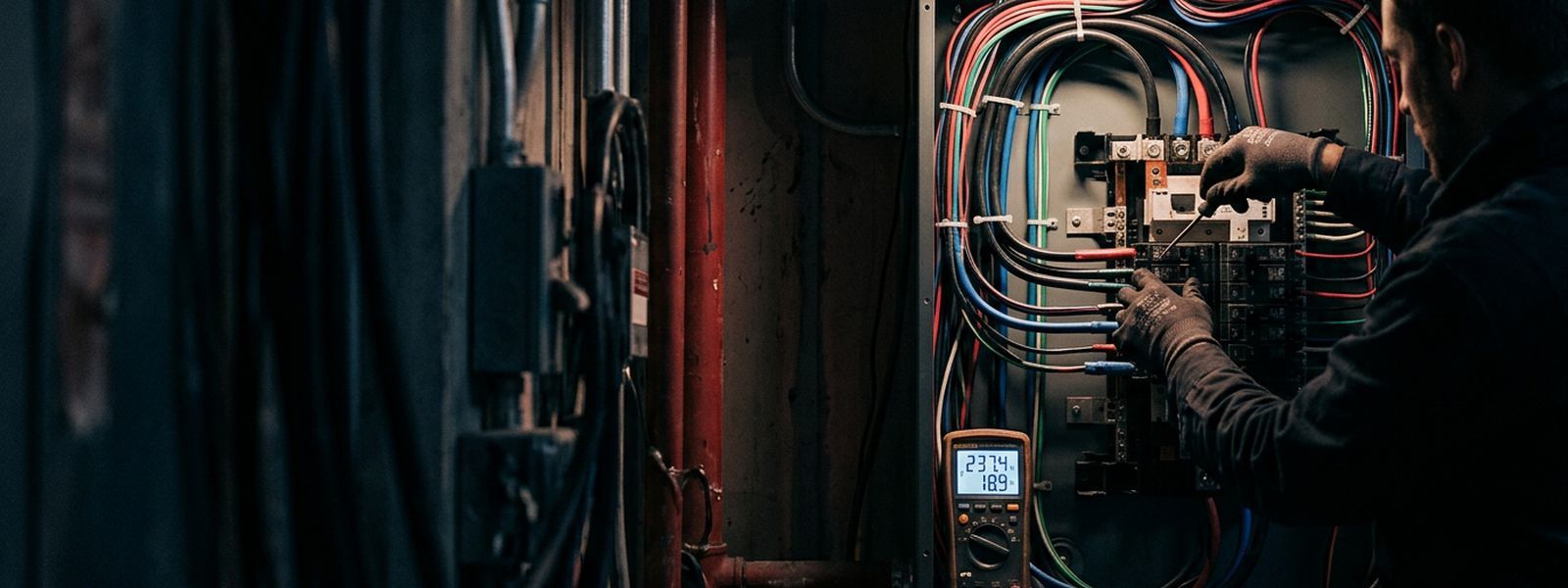 A neatly wired electrical panel under work lighting with a meter reading in the foreground