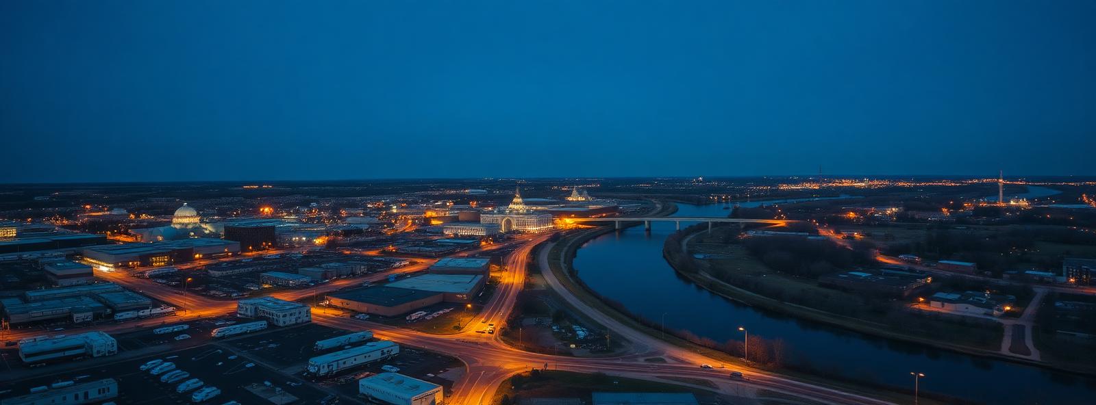 Aerial view of the Elkhart, Indiana skyline at dusk, illustrating the metro area TactStack serves trade and service businesses in